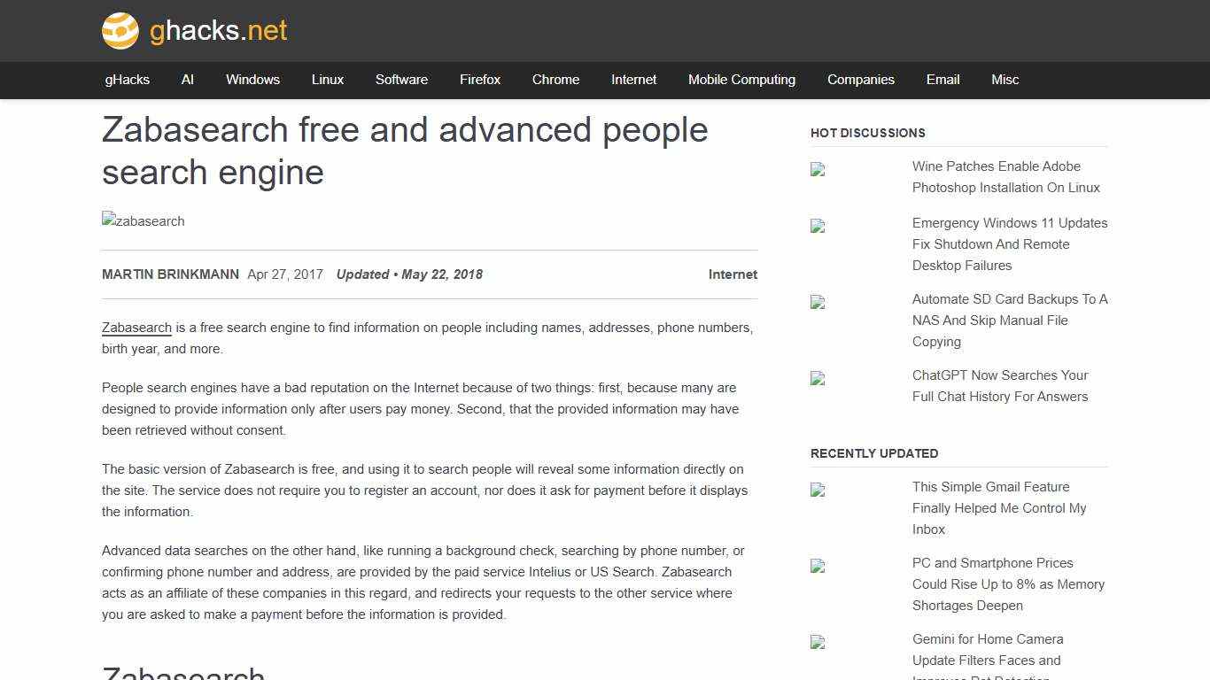 Zabasearch free and advanced people search engine - gHacks Tech News